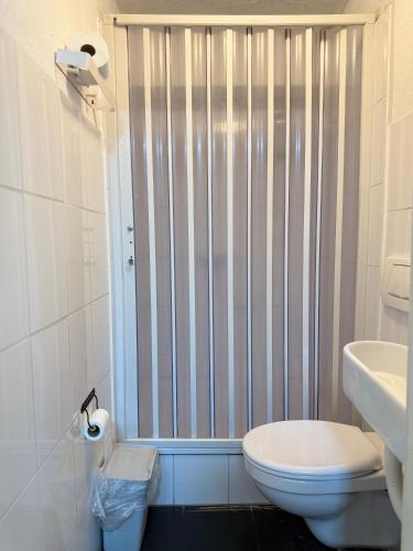 a bathroom with a shower with a toilet and a sink at Hotel Garni Emir in Cologne