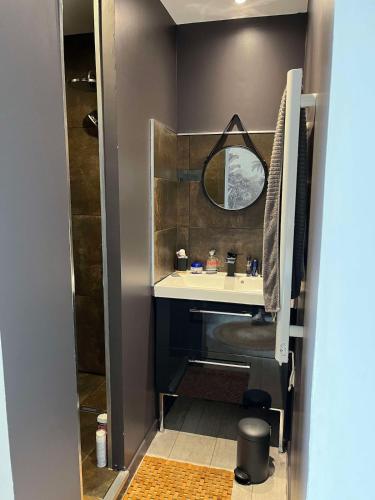 une salle de bain avec un lavabo et un miroir dans l'établissement Maison de pêcheur bord de mer, à Valras-Plage