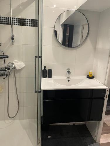 une salle de bain avec un lavabo et un miroir dans l'établissement House in Juan-les-Pins, Antibes, à Antibes