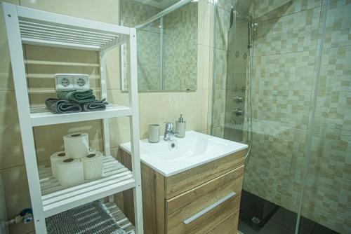 un baño con lavabo y ducha en Centro Histórico Parking con NRU y licencia turística VT-13960, en Alcalá de Henares