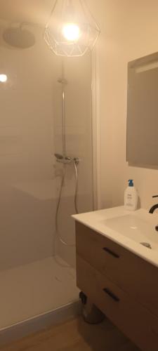 une salle de bain avec une douche avec un lavabo et un miroir dans l'établissement Le Beausoleil, à Sète