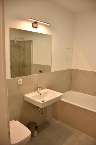 a bathroom with a sink and a toilet and a mirror at City Apartment Dresden 3 in Dresden