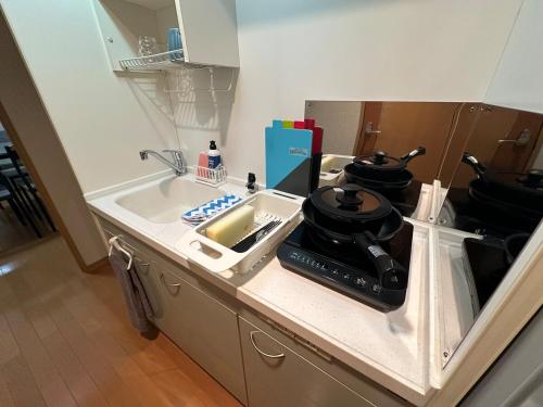 a kitchen counter with a stove and a sink at Stella 202 エアコン付 無料WiFi Netflix in Sapporo