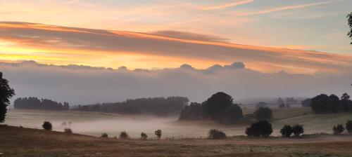 a foggy field with trees and clouds in the sky at L'Oustalou - Suite de 19m² aux portes de l'Aubrac in Aumont-Aubrac