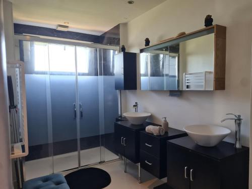 une salle de bain avec deux lavabos et une douche en verre dans l'établissement Petit cocon proche Rennes, à La Celle-sous-Gouzon