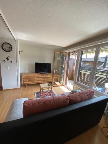 un soggiorno con divano e TV di Charming studio with a view a Flims