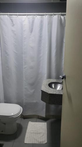 a bathroom with a toilet and a shower curtain at Hotel Plaza Roma in Buenos Aires