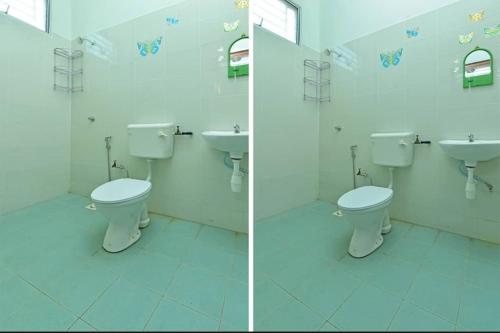 two images of a bathroom with two toilets and a sink at Homestay Masha Padang Besar in Padang Besar