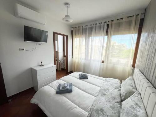 a bedroom with a large white bed and a television at Karol Beach House in Santa Marinella