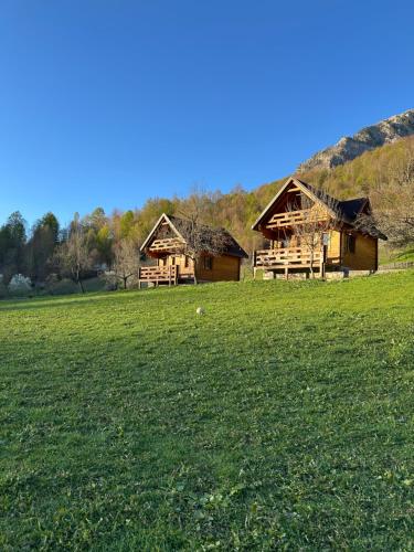 two wooden cabins in a field with green grass at Bujtina Pepushaj Lepushe in Lëpushë