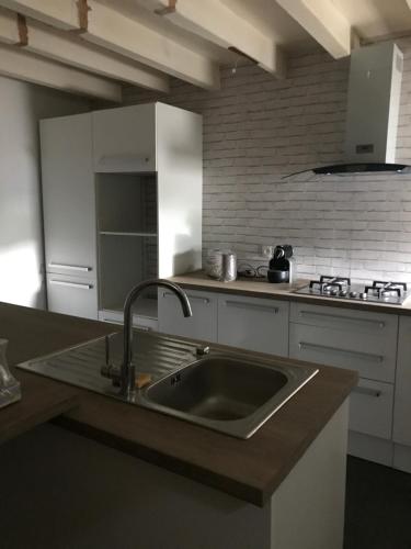 une cuisine avec un évier et un plan de travail dans l'établissement Maison de la mare aux rainettes Location vacances standing au cœur du marais poitevin - 3 chambres - 6 personnes, à La Celle-sous-Gouzon