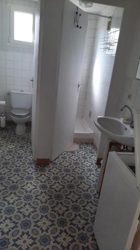 une salle de bain avec toilettes, lavabo et baignoire dans l'établissement Le gîte du Fort, à Caudiès-de-Fenouillèdes