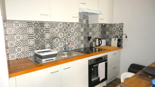 a kitchen with a sink and a black and white wallpaper at ODI RENT - Le 60 in Le Blanc-Mesnil