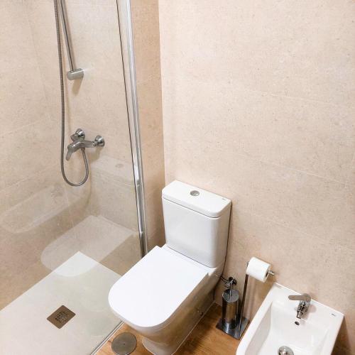 a bathroom with a toilet and a shower and a sink at Casa Foz do Rio in Caminha