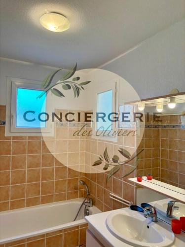 une salle de bain avec un lavabo, une baignoire et un miroir dans l'établissement Duplex La Favière Bormes-les-Mimosas, à Bormes-les-Mimosas