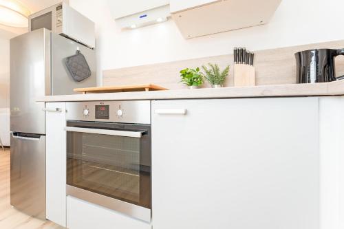 a kitchen with a stainless steel stove top oven at Sandberger Weg 62 Oberdeck in Neustadt in Holstein