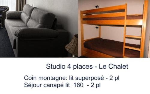 un salon avec un lit superposé et un canapé dans l'établissement LE CHALET - Piscine 15 - Studio pour 4 Personnes MAE-8794, à Gourette