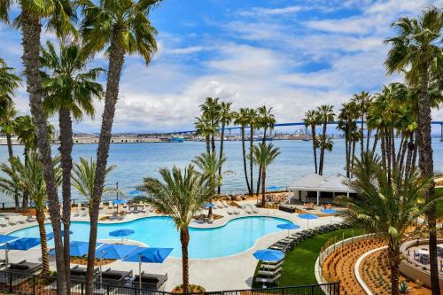 a view of the pool at the resort with palm trees at Coronado Island Marriott Resort & Spa in San Diego
