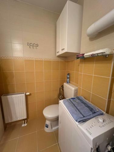 ein kleines Badezimmer mit Toilette und Waschbecken in der Unterkunft INDI Apartman Siófok in Siófok
