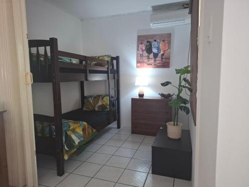 a room with two bunk beds and a plant at Tropical Palm Retreat in Willemstad