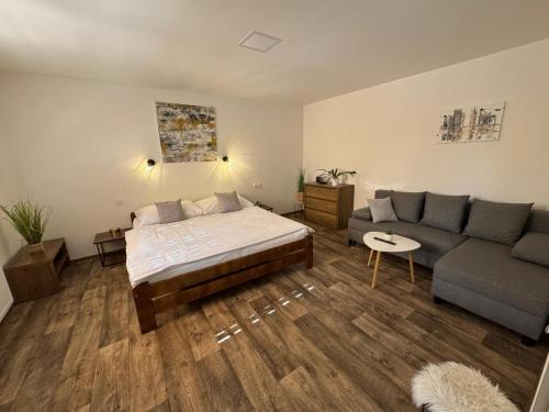 a living room with a bed and a couch at Ubytování 121 - Hlohovec in Hlohovec