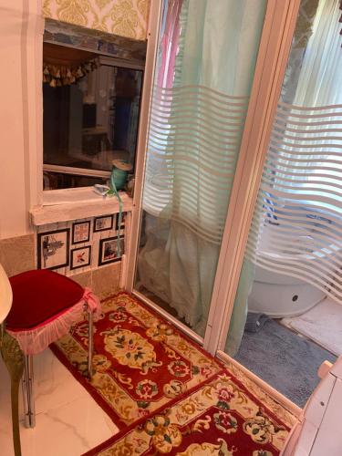 a room with a window and a red rug at Otthon in Budaörs