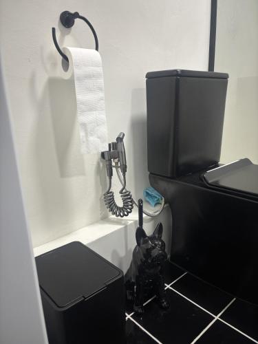 a small black dog sitting next to a toilet at Art decor luxury apartment in Komotini