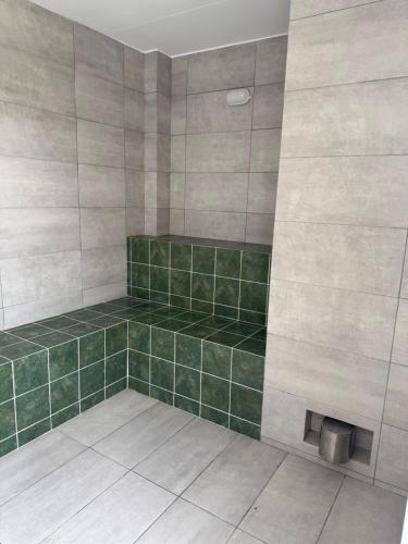 a shower with green and gray tiles in a bathroom at Tropicalia Home - Apartment in Armenia