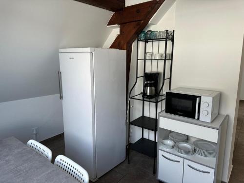La cuisine est équipée d'un réfrigérateur blanc et d'un four micro-ondes. dans l'établissement La terrasse, à Eckbolsheim