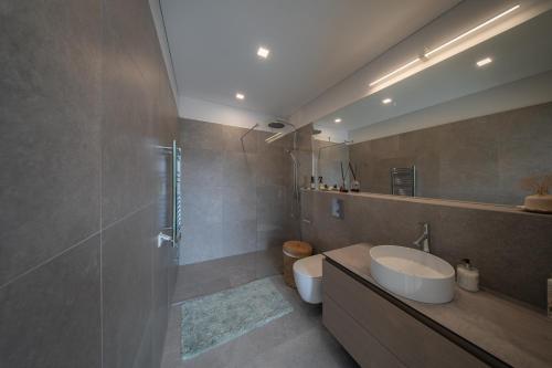 a bathroom with a sink and a toilet and a shower at Debesu kopa in Nida
