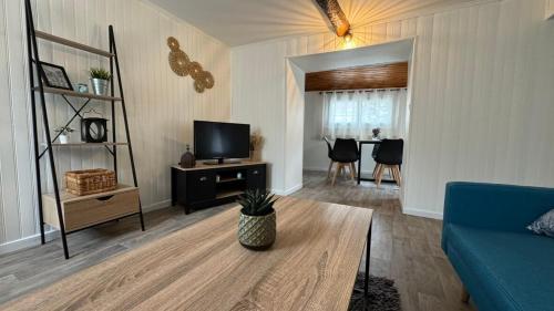 un salon avec un canapé bleu et une télévision dans l'établissement My Agradi, Maison de village, à Les Martys