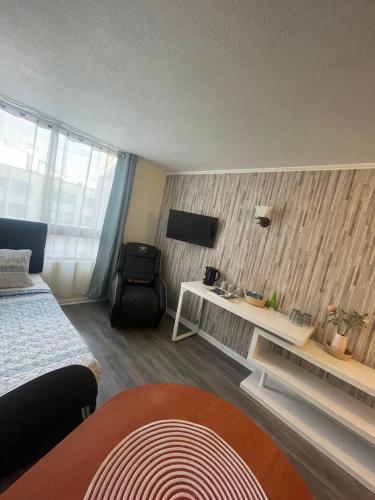 a bedroom with a bed and a tv on a wall at Apart Hotel "La Casa de Hersilia" in Santiago