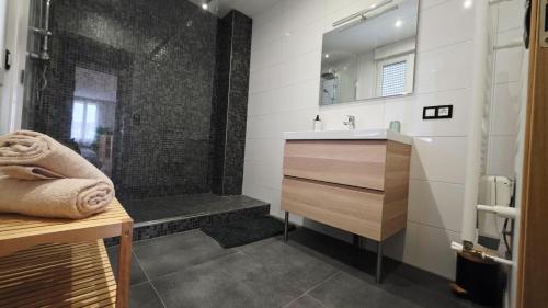 a bathroom with a sink and a shower at LÉchappée ZAisne jacuzzi et sauna in Saint-Quentin