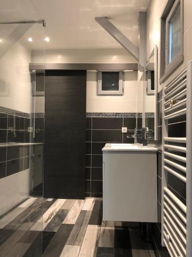 La salle de bains est pourvue d'un lavabo et d'une porte en verre. dans l'établissement Villa de l'océan, à Moliets-et-Maa