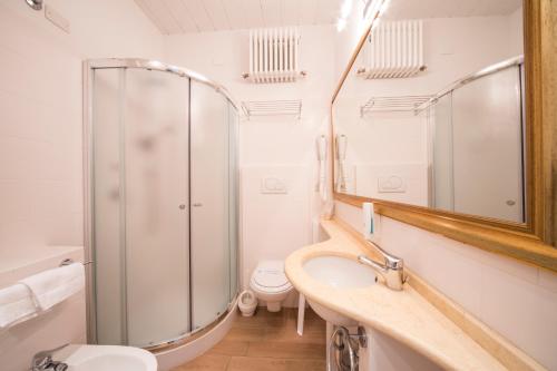 a bathroom with a shower and a sink and a toilet at Hotel Alexander in Riccione