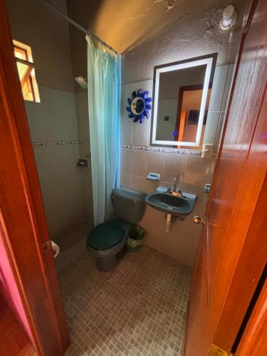 a bathroom with a toilet and a sink and a mirror at Hotel Posada "Mi Rosita" in Oaxaca City