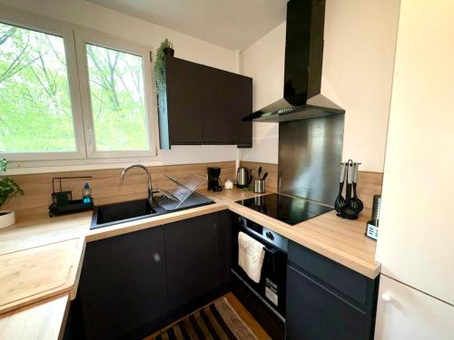 une cuisine avec un évier et une cuisinière dans l'établissement La Douce Escale, à Rouen