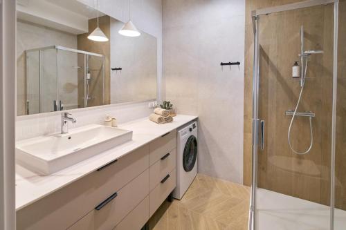 Un baño con lavabo y lavadora. en Heart of Rzeszów Apartment, en Rzeszów