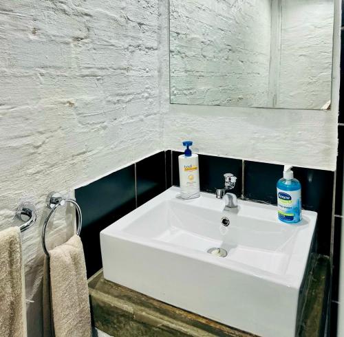 a bathroom with a white sink and a mirror at CozyStays A min walk to Art And Reaturants in Maboneng in Johannesburg