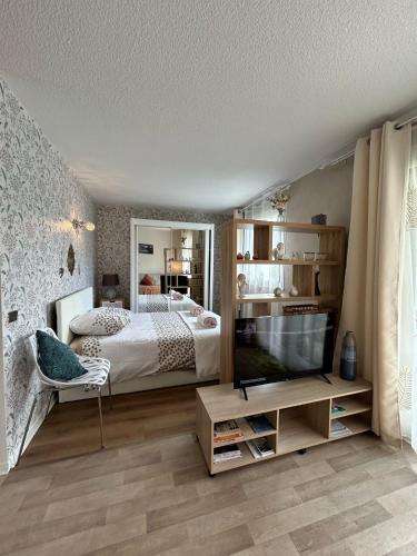 une chambre avec un lit et une télévision à écran plat dans l'établissement Au coeur des montagnes, à Argelès-Gazost