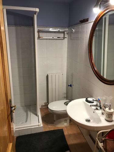 a bathroom with a toilet and a sink and a mirror at Benasque Valley Apartment in Bisaurri
