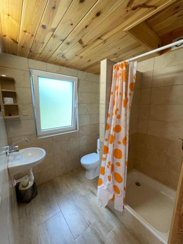 a bathroom with a toilet and a shower curtain at Ośrodek Szeligi in Ełk