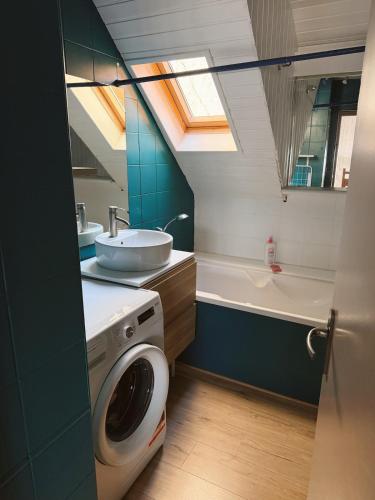 une salle de bain avec une machine à laver et un lavabo dans l'établissement Sur le pont d un bateau à Boulogne sur Mer, à La Celle-sous-Gouzon