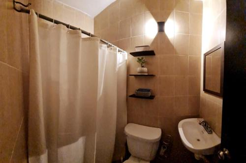 a bathroom with a white toilet and a sink at Tiny House in Guanajuato