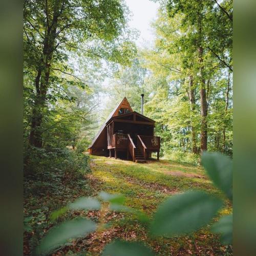 a cabin in the middle of a forest at A-Frame #18 - by The Chalets in Logan