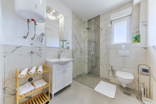 a bathroom with a shower and a sink and a toilet at ARA Lux Apartments in Utjeha