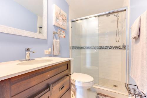 a bathroom with a shower and a toilet and a sink at Palatka Hideaway with Fireplace and Private Porch in Clay Landing