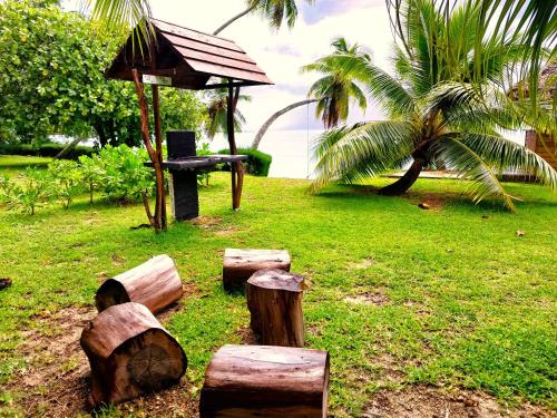a group of logs sitting on the grass with a bench at MOOREA - Sundara Soul Villa in Hauru