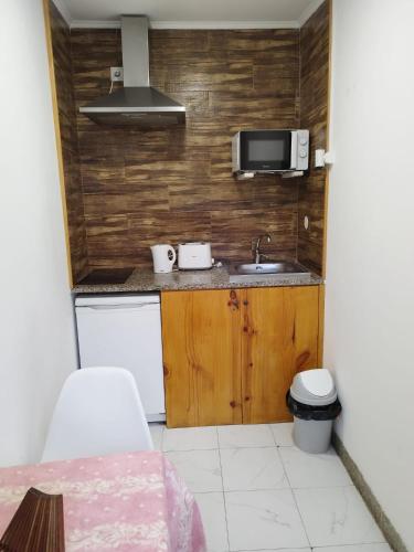 a small kitchen with a sink and a microwave at Casa do Vale - Casa da Montanha - Gerês in Geres