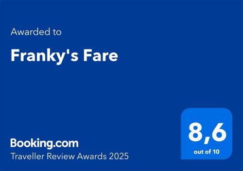 a blue rectangle with the text awarded to familys fare at Franky's Fare in Fare